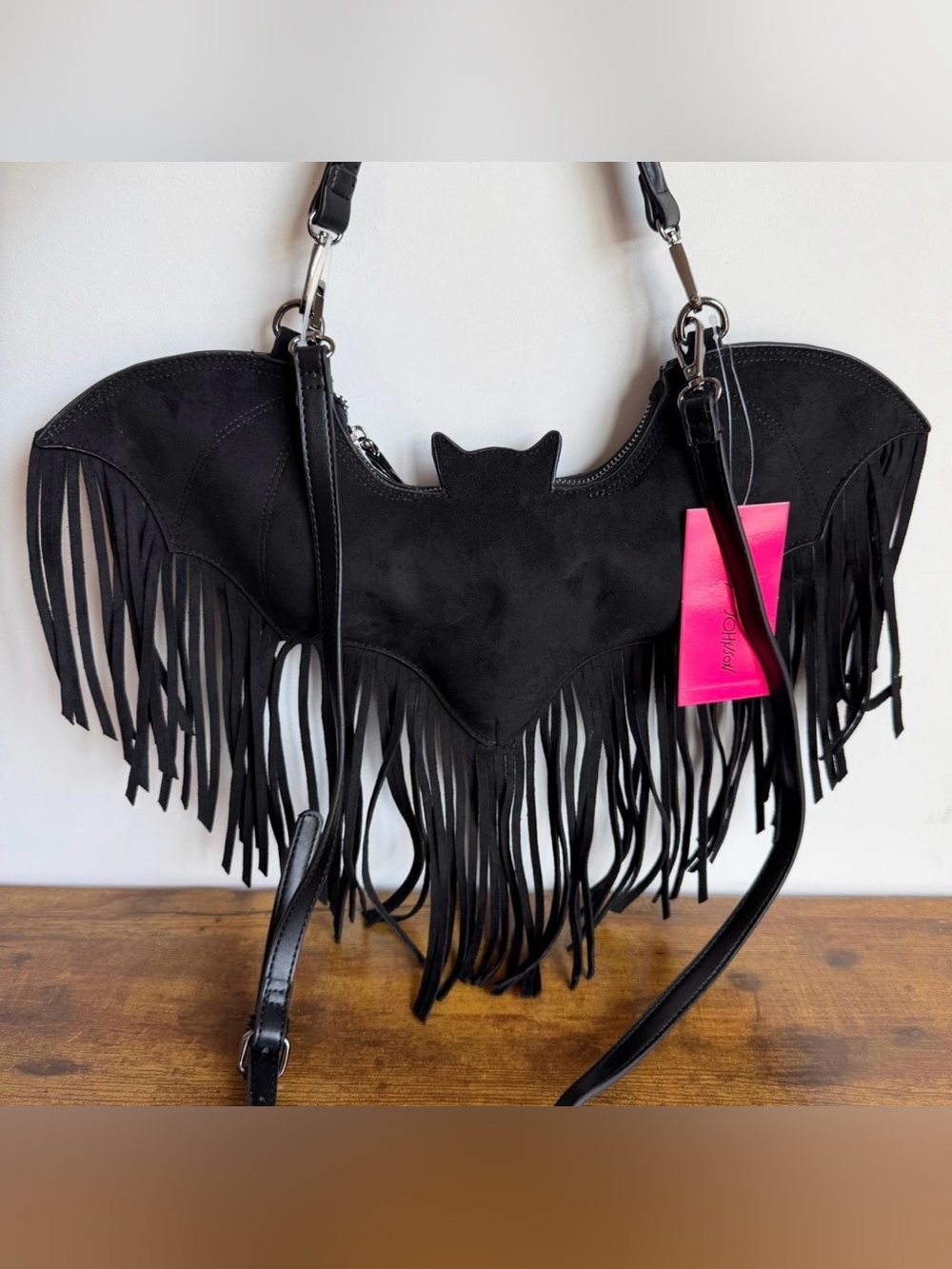 BNWT Betsey Johnson-Black Fringe Bat-Shaped Shoulder Bag